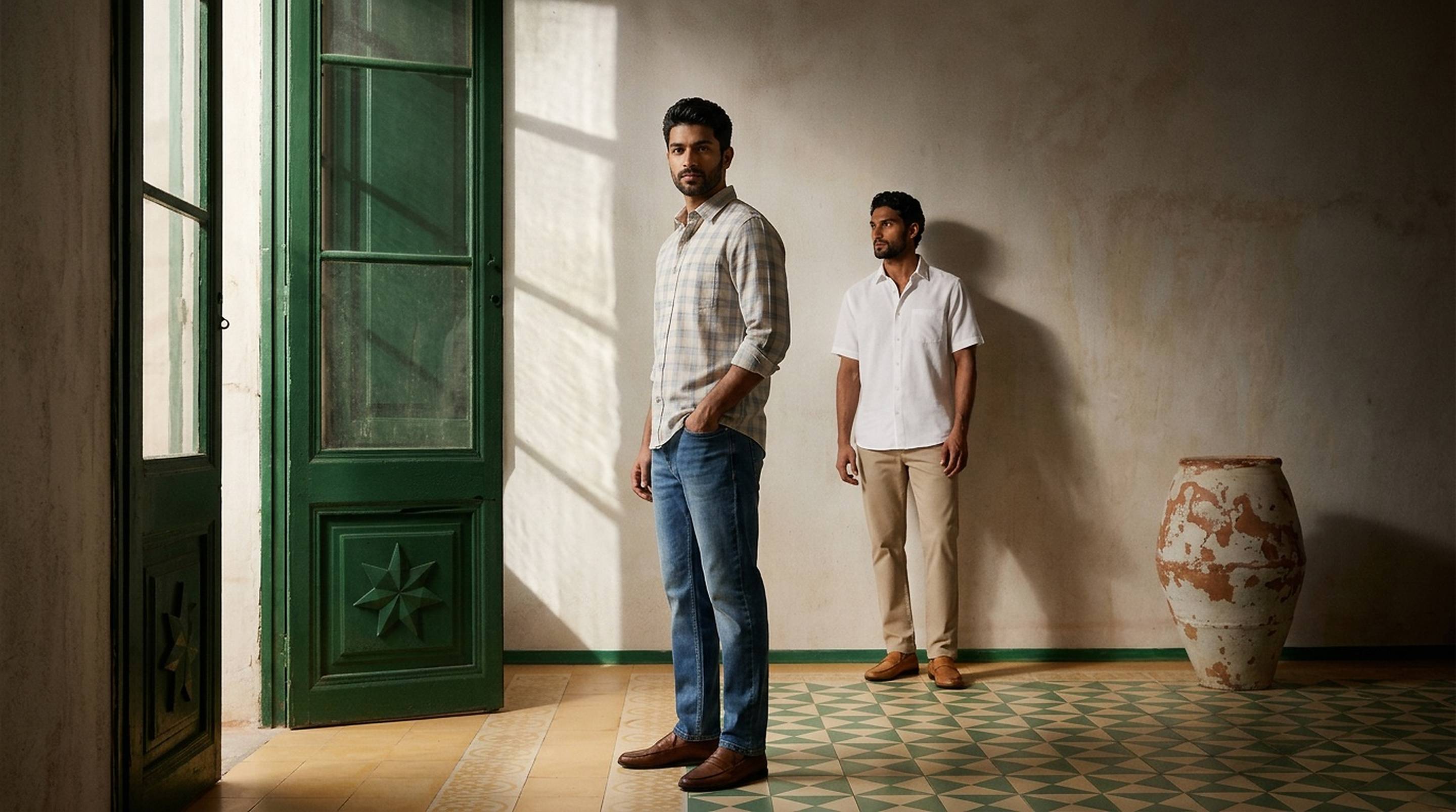 Two men in Thunder shirts, jeans and cotton trousers in a sunlit tiled room