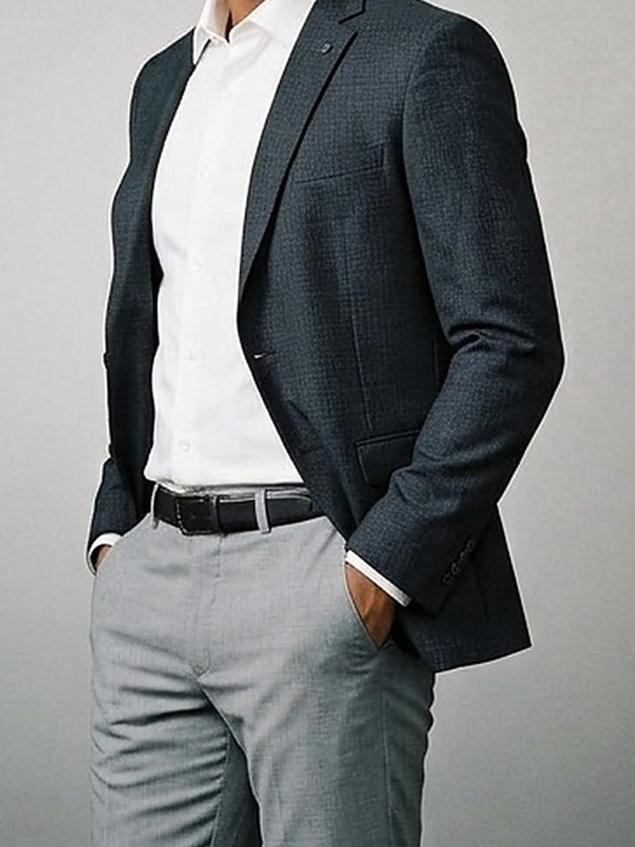 Thunder blazer — charcoal, worn open over a white shirt