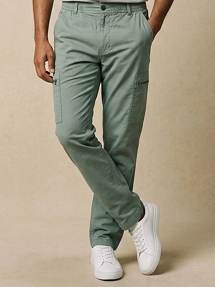 Thunder cargo trousers — sage cotton twill with flap thigh pockets